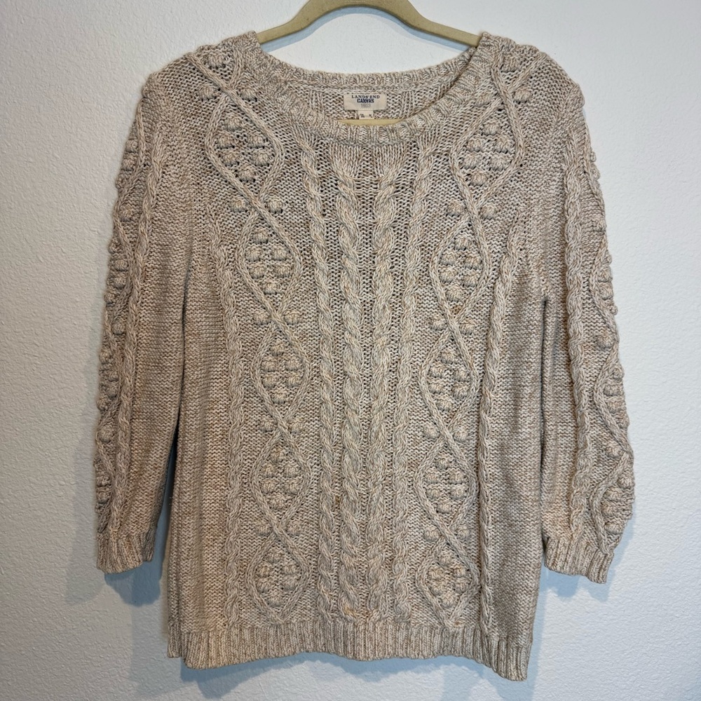 Lands End Canvas Women's M Tan/Cream 3/4 Sleeve Cable Knit Pull Over Sweater